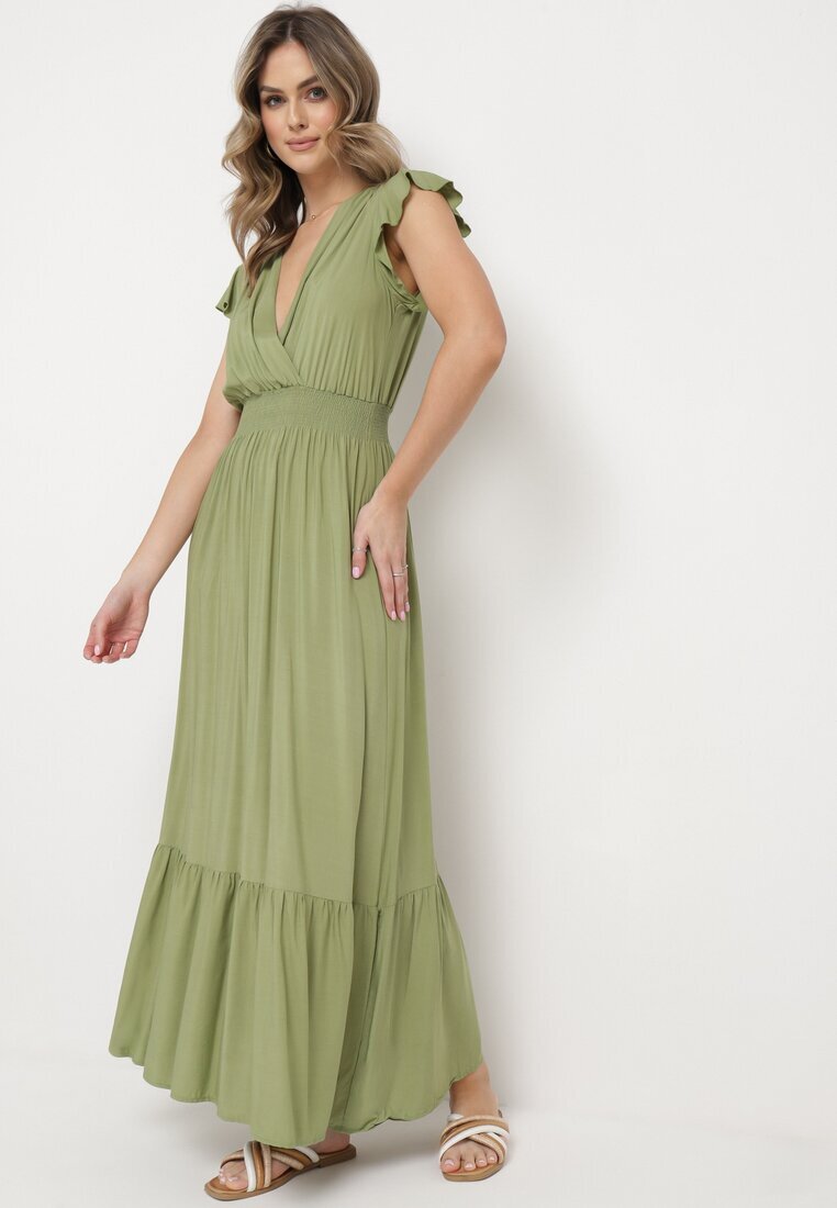 airisa Rochie Verde de Bumbac Maxi cu Decolteu Petrecut Cloș Xaliara