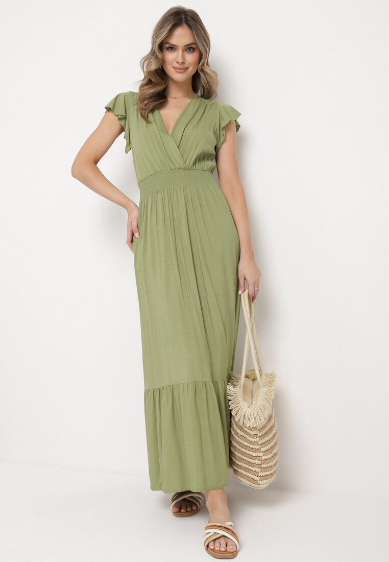airisa Rochie Verde de Bumbac Maxi cu Decolteu Petrecut Cloș Xaliara