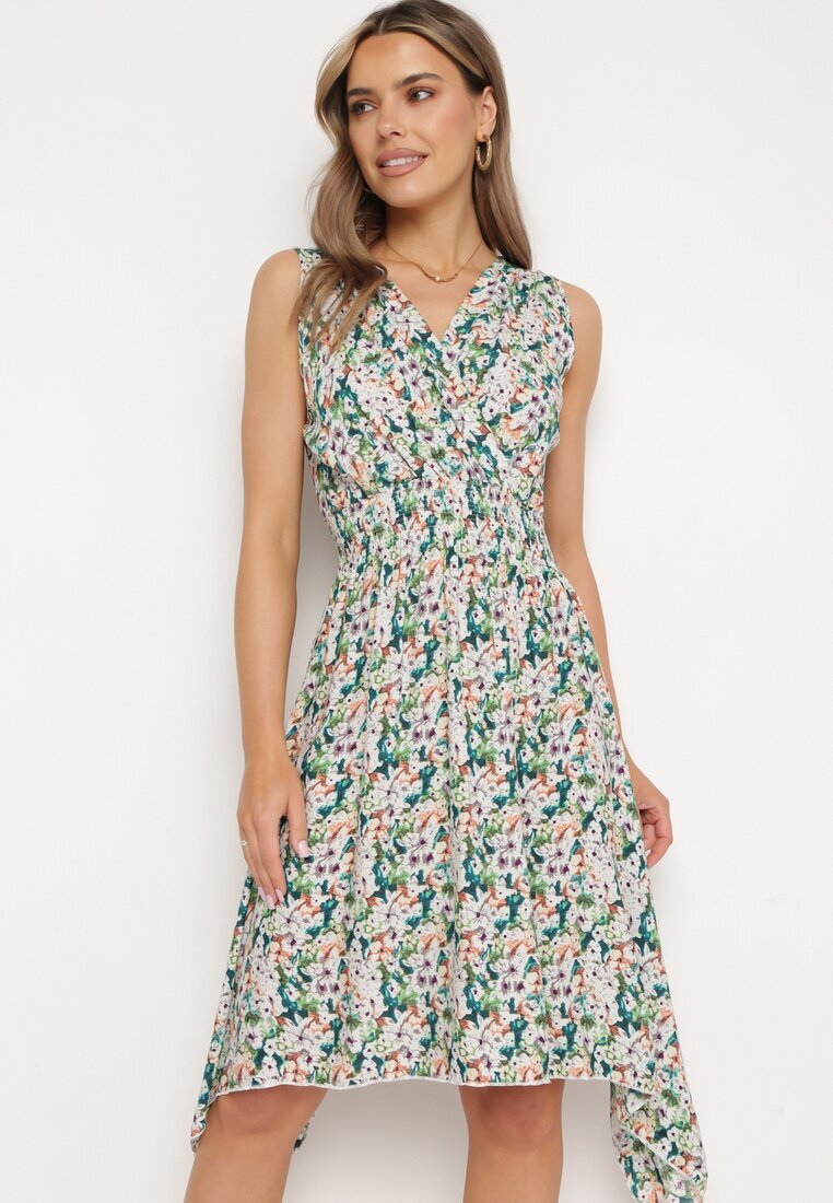 airisa Rochie Verde de Bumbac Petrecută Evazată cu Imprimeu Floral Brosă