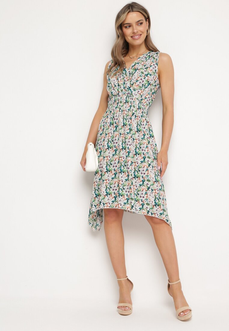 airisa Rochie Verde de Bumbac Petrecută Evazată cu Imprimeu Floral Brosă