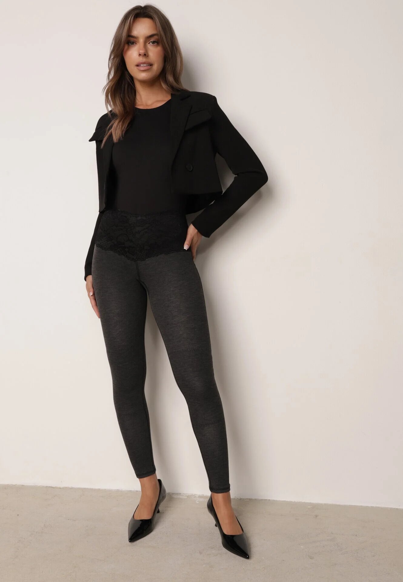 alina Izolați leggins cu bumbac cașmir și talie înaltă decorați cu dantelă Selide Gri