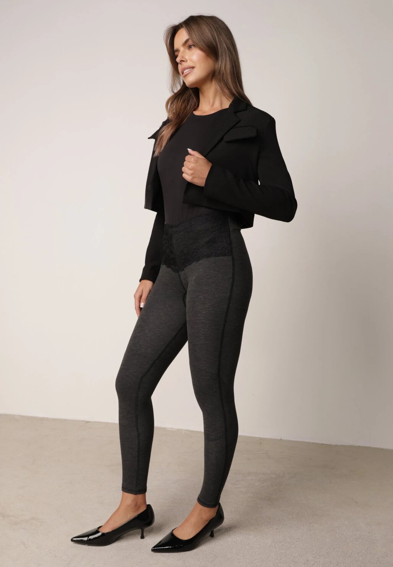 alina Izolați leggins cu bumbac cașmir și talie înaltă decorați cu dantelă Selide Gri