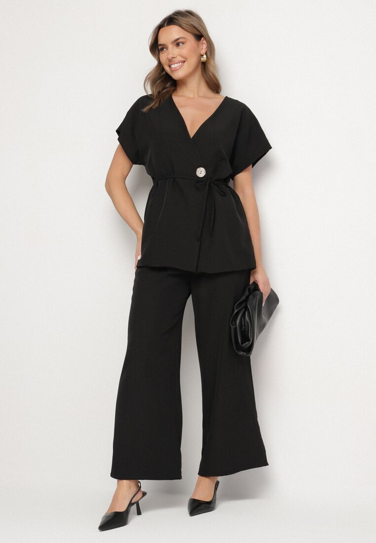 allyson Compleu de costum Negru Sacou cu Centură și Pantaloni Largi Milsedi