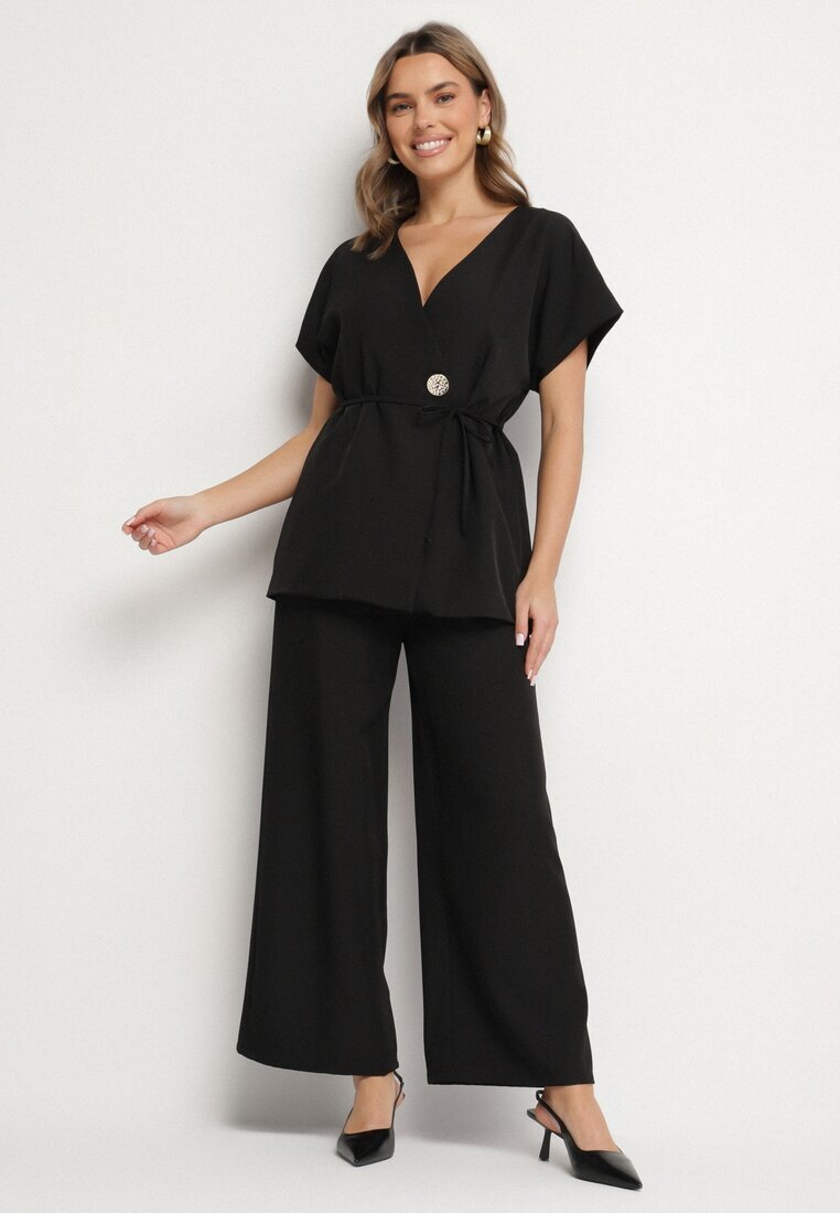 allyson Compleu de costum Negru Sacou cu Centură și Pantaloni Largi Milsedi