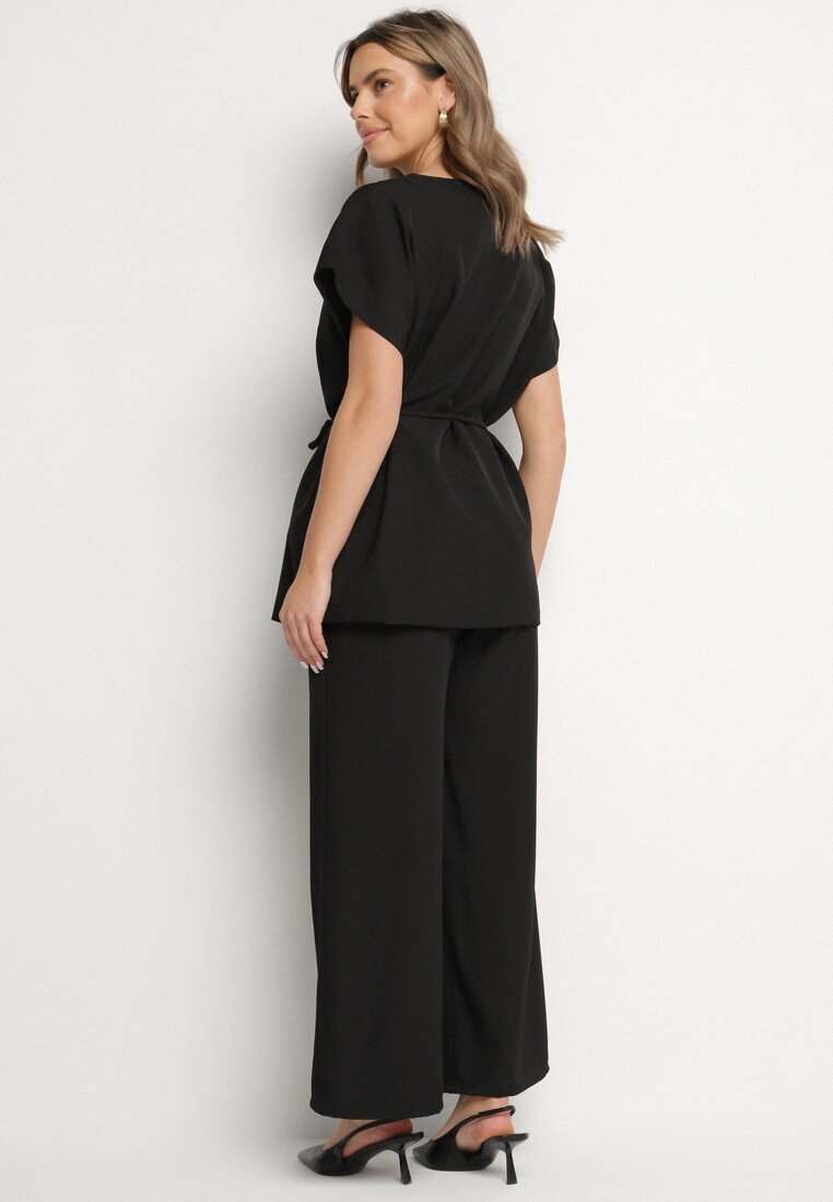 allyson Compleu de costum Negru Sacou cu Centură și Pantaloni Largi Milsedi