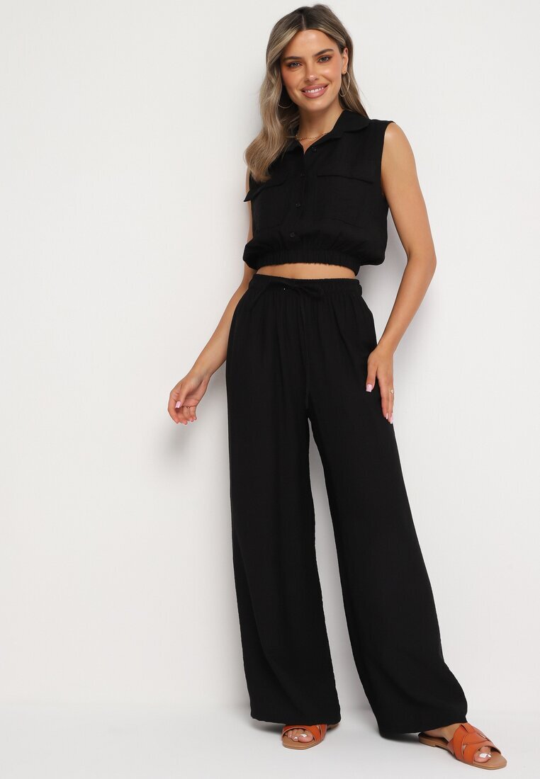 allyson Compleu Negru din Viscoză Bluză Scurtă cu Nasturi Pantaloni Larghi cu Elastic în Talie Rissanama