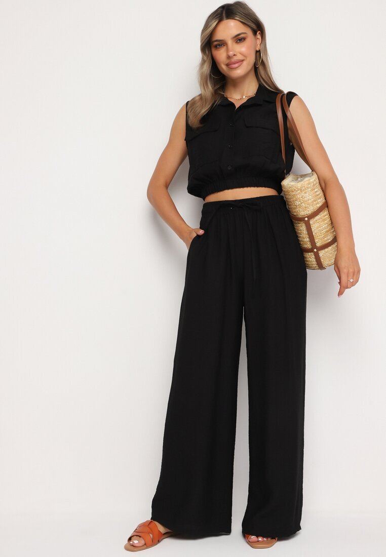 allyson Compleu Negru din Viscoză Bluză Scurtă cu Nasturi Pantaloni Larghi cu Elastic în Talie Rissanama