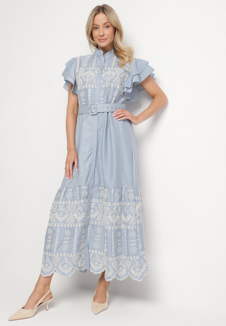 allyson Rochie Albastră Boho cu croi evazat broderie volane și curea Callindra