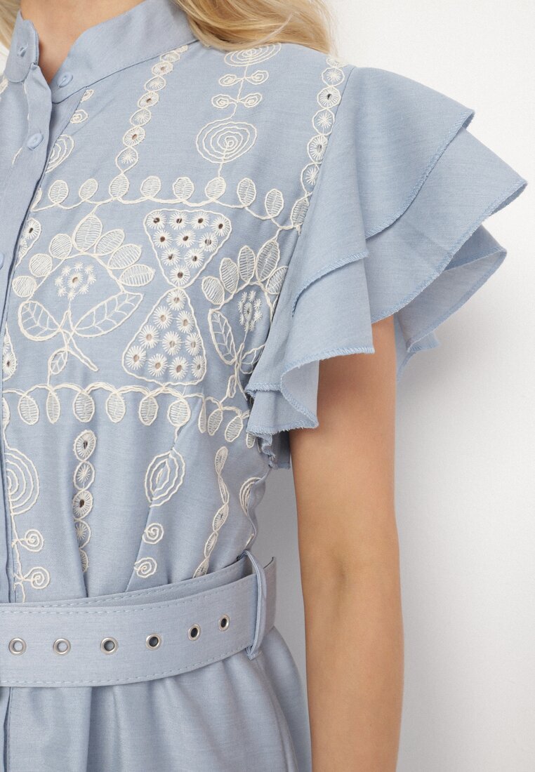 allyson Rochie Albastră Boho cu croi evazat broderie volane și curea Callindra