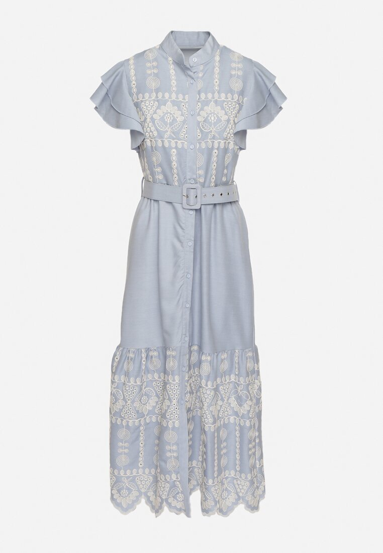 allyson Rochie Albastră Boho cu croi evazat broderie volane și curea Callindra