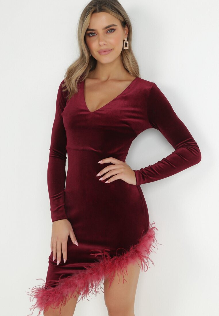allyson Rochie Bordo Asimetrică cu Pene Fizie