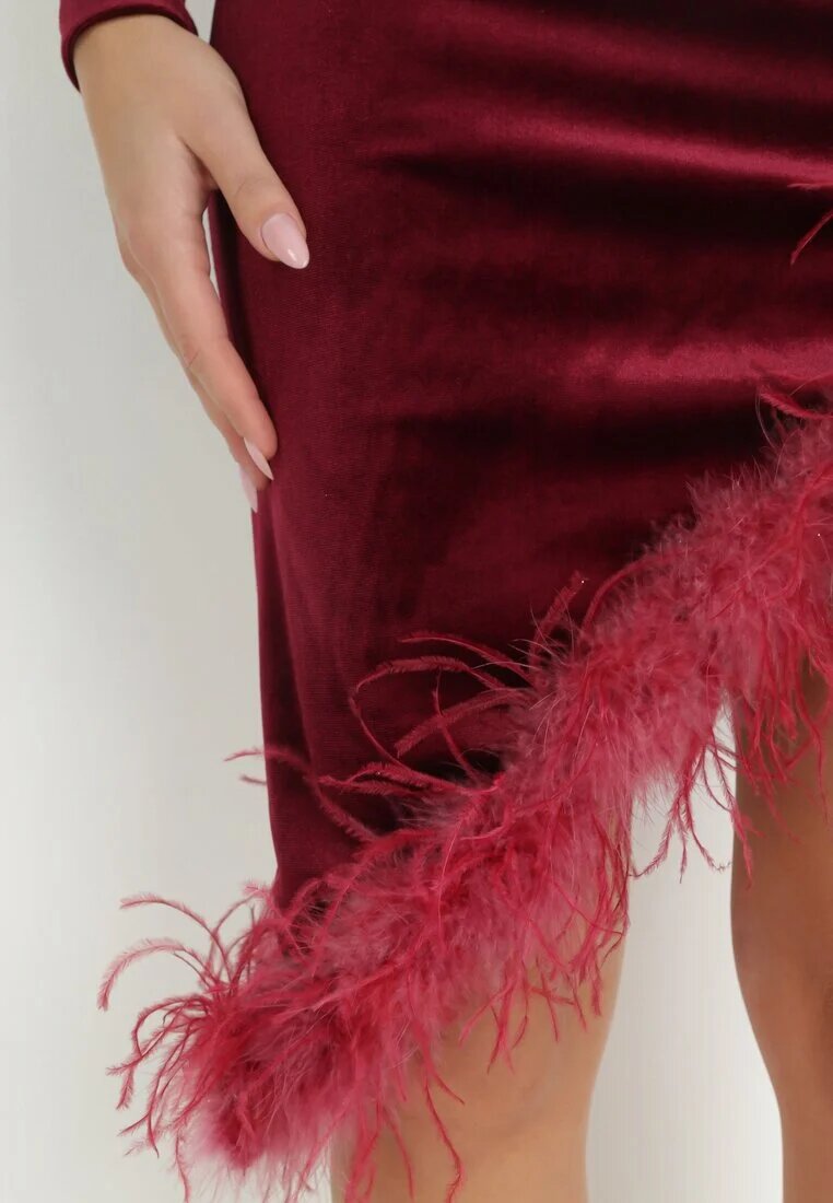 allyson Rochie Bordo Asimetrică cu Pene Fizie