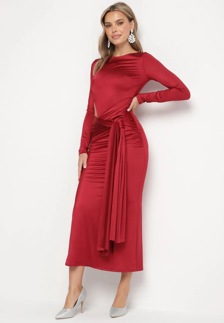 allyson Rochie Cocktail Bordeaux Decorată cu Legătură și Decupaj Vamizola