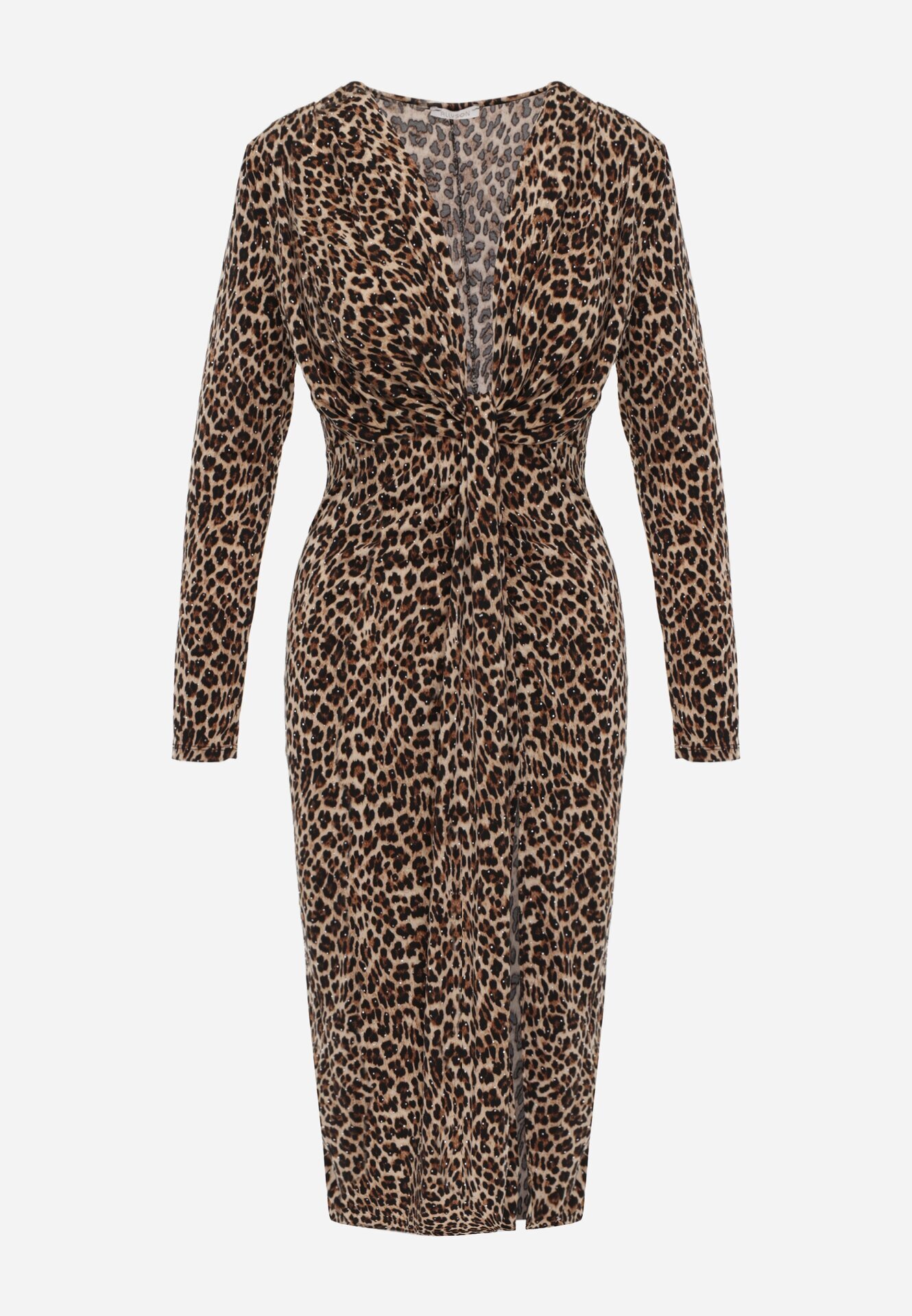 allyson Rochie de cocktail maro cambrată cu imprimeu leopard cu crăpătură laterală și zirconii Zelimi