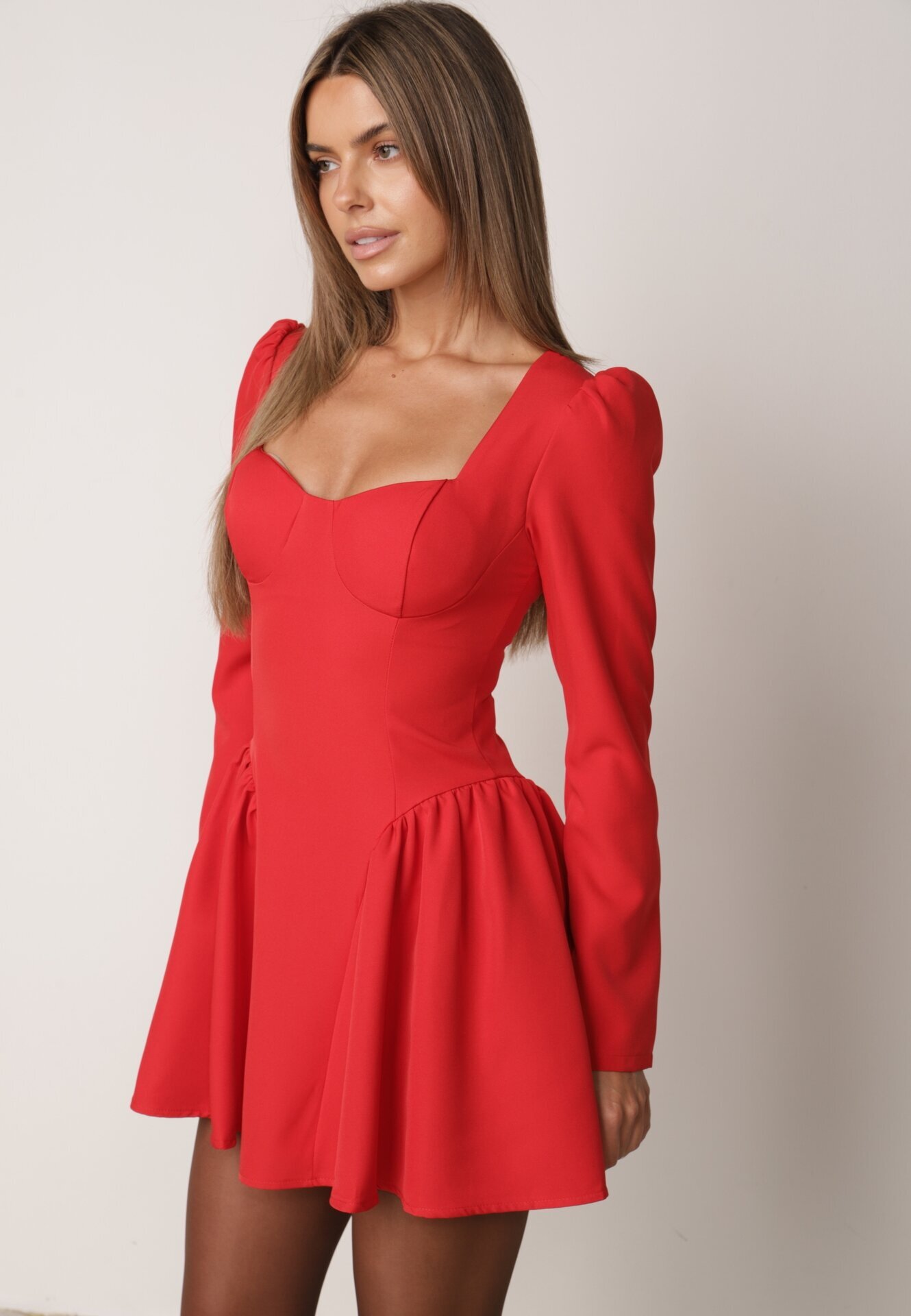 allyson Rochie de cocktail Roșie cu croi evazat cu volane și corset Farian
