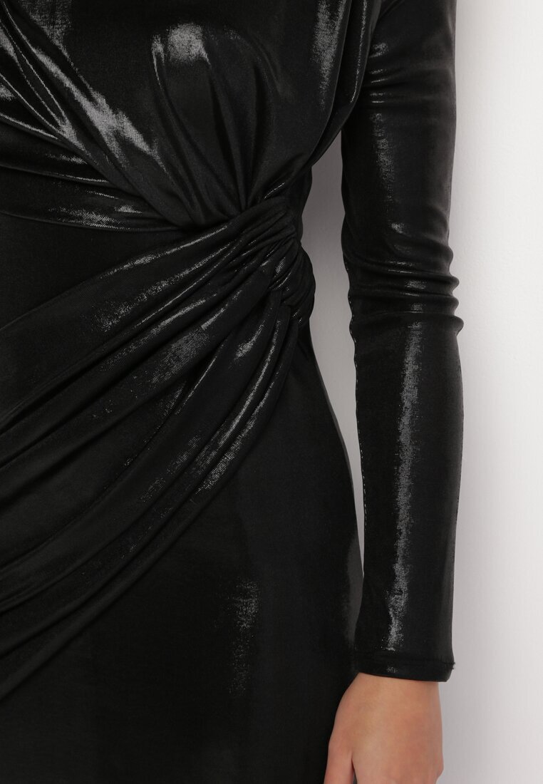 allyson Rochie Neagră Metalică Maxi cu Drapaje Decorative Virelia