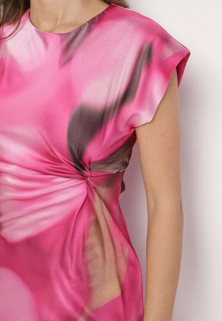 allyson Rochie Roz Cloș cu Print Abstract cu Drapaj Decorativ Tillanara