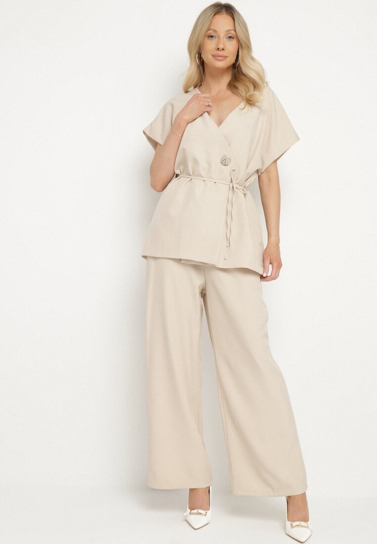 allyson Set de costum Bej Sacou cu curea și Pantaloni largi Milsedi