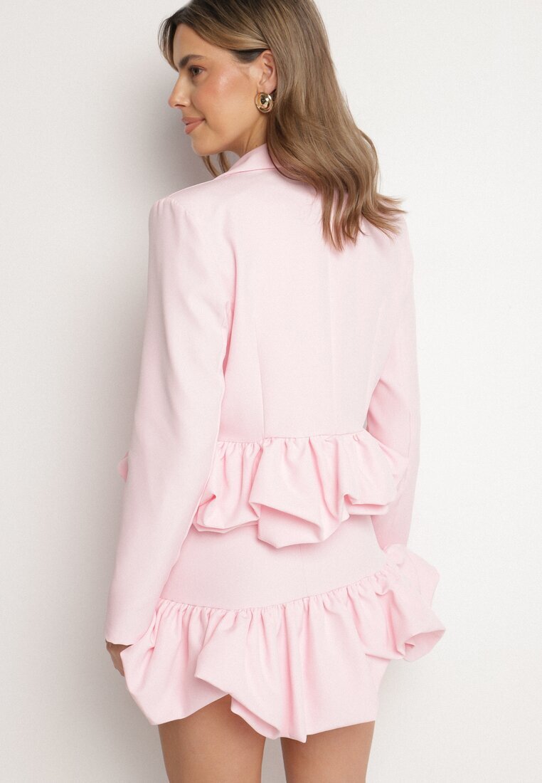 allyson Set De Costum Roz Decorat Cu Volane Sacou și Fustă-Pantaloni scurți Voelia