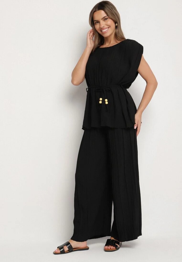 allyson Set Negru Plisat Bluză cu Cordon și Pantaloni Largi Gialla