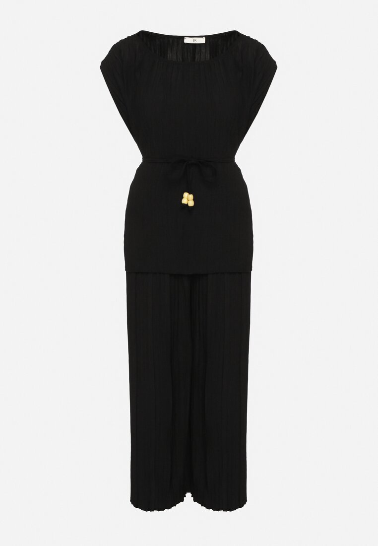 allyson Set Negru Plisat Bluză cu Cordon și Pantaloni Largi Gialla