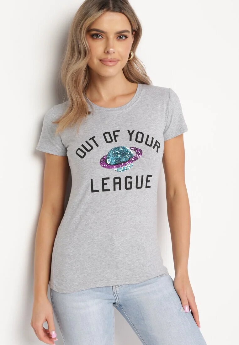alnwick Tricou Gri Din Bumbac Cu Imprimeu Decorativ Cu Paiete Și Inscripții Olumi