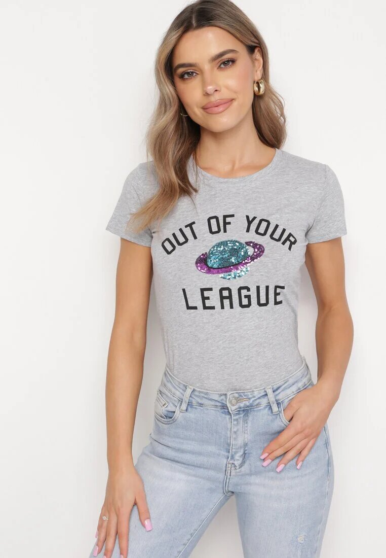 alnwick Tricou Gri Din Bumbac Cu Imprimeu Decorativ Cu Paiete Și Inscripții Olumi