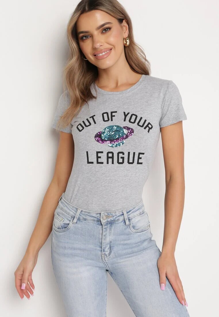 alnwick Tricou Gri Din Bumbac Cu Imprimeu Decorativ Cu Paiete Și Inscripții Olumi