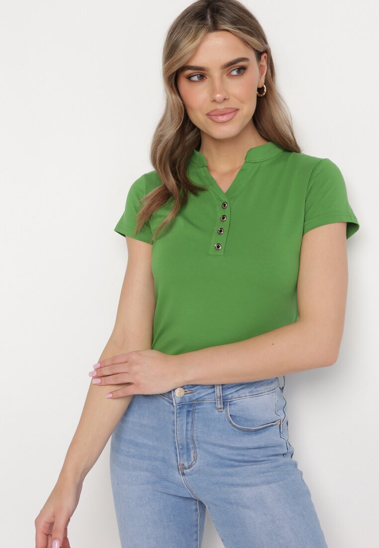alnwick Tricou Verde din Bumbac cu nasturi metalici Cariena