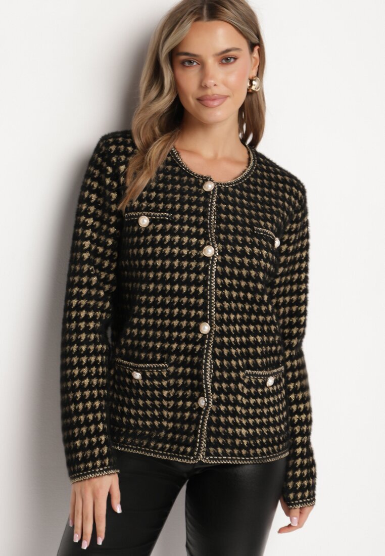ambitionfly Cardigan Negru cu Model în Stil Tweed cu Nasturi Decorativi Zemitha