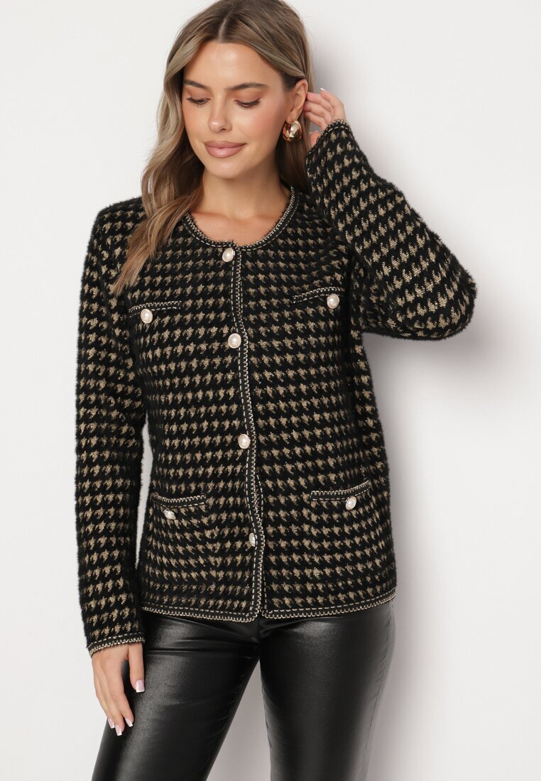 ambitionfly Cardigan Negru cu Model în Stil Tweed cu Nasturi Decorativi Zemitha