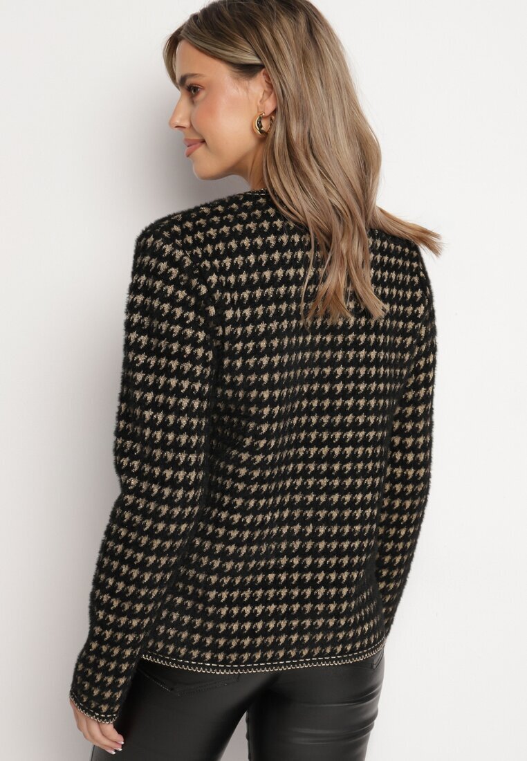 ambitionfly Cardigan Negru cu Model în Stil Tweed cu Nasturi Decorativi Zemitha