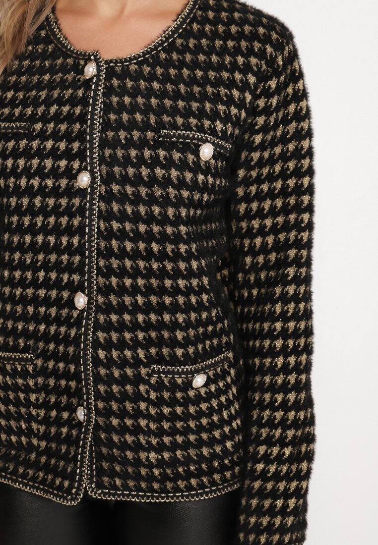 ambitionfly Cardigan Negru cu Model în Stil Tweed cu Nasturi Decorativi Zemitha
