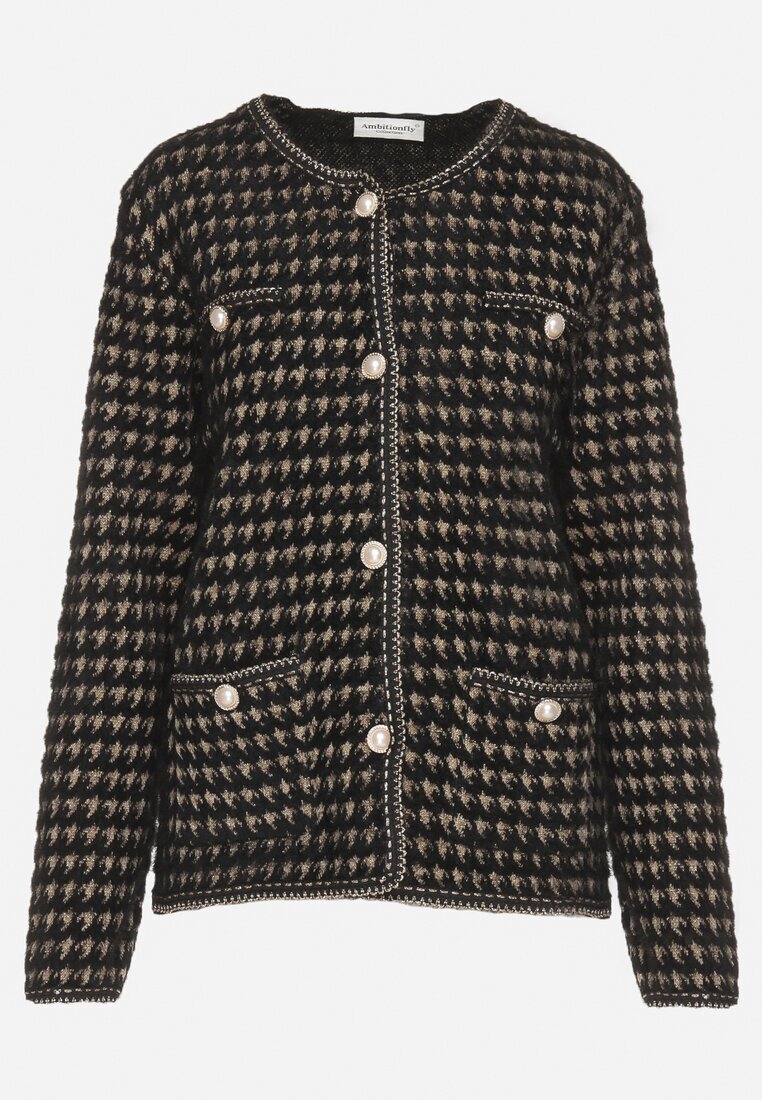 ambitionfly Cardigan Negru cu Model în Stil Tweed cu Nasturi Decorativi Zemitha