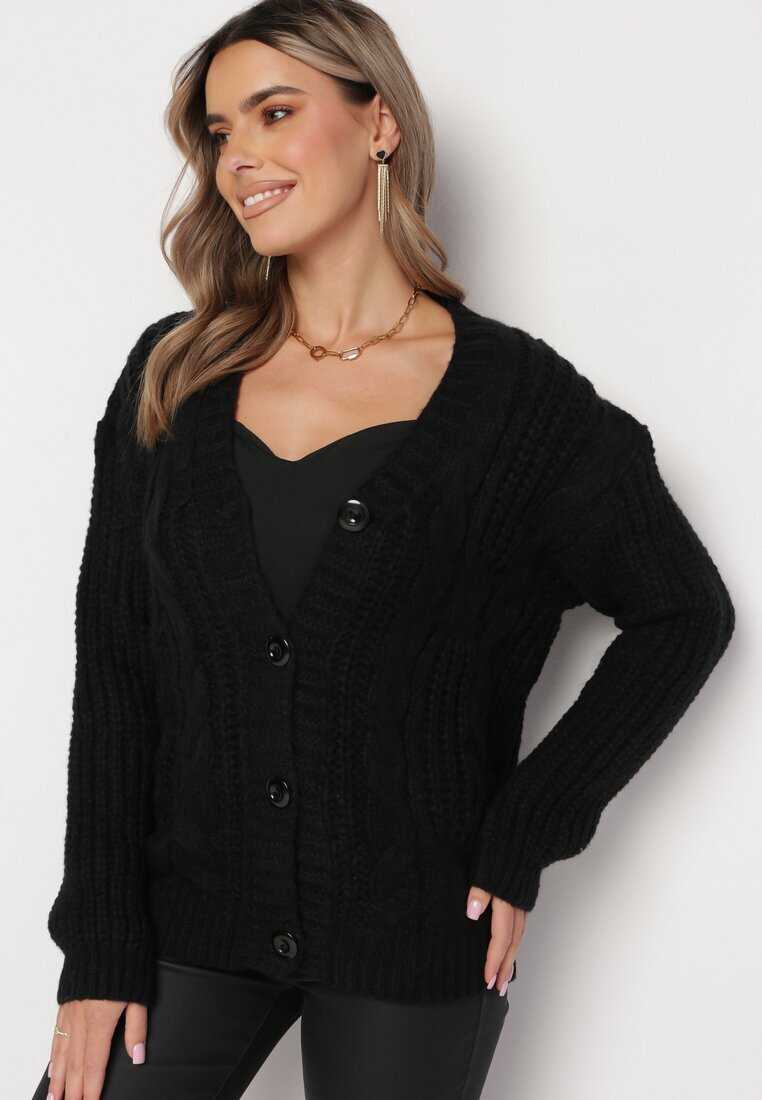 ambitionfly Cardigan Negru cu nasturi cu mansete elastice Parlima