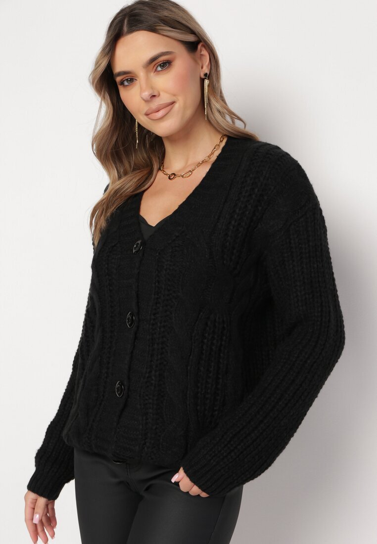 ambitionfly Cardigan Negru cu nasturi cu mansete elastice Parlima