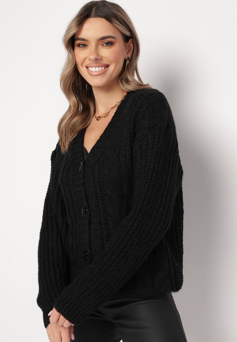 ambitionfly Cardigan Negru cu nasturi cu mansete elastice Parlima