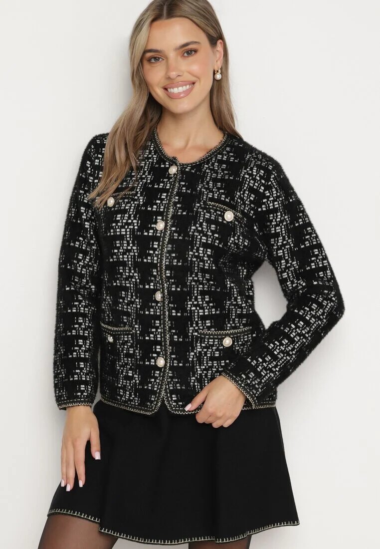 ambitionfly Cardigan negru în stil retro cu nasturi perlați și fir metalic Daiviana