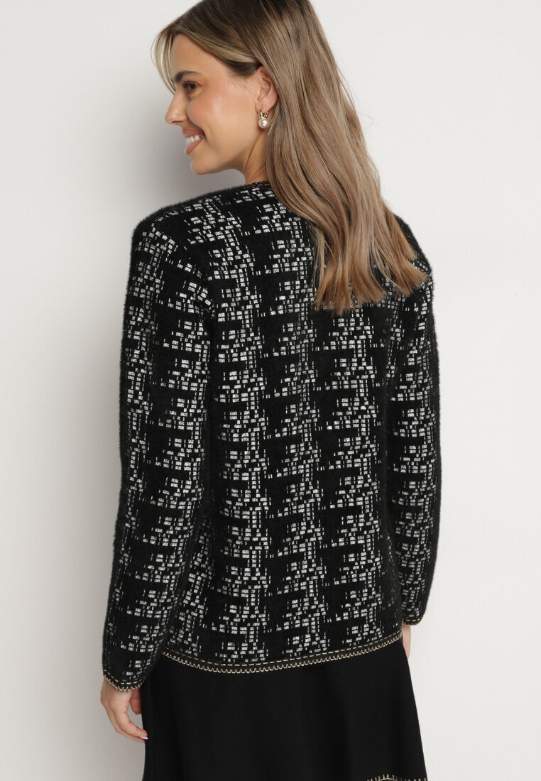 ambitionfly Cardigan negru în stil retro cu nasturi perlați și fir metalic Daiviana