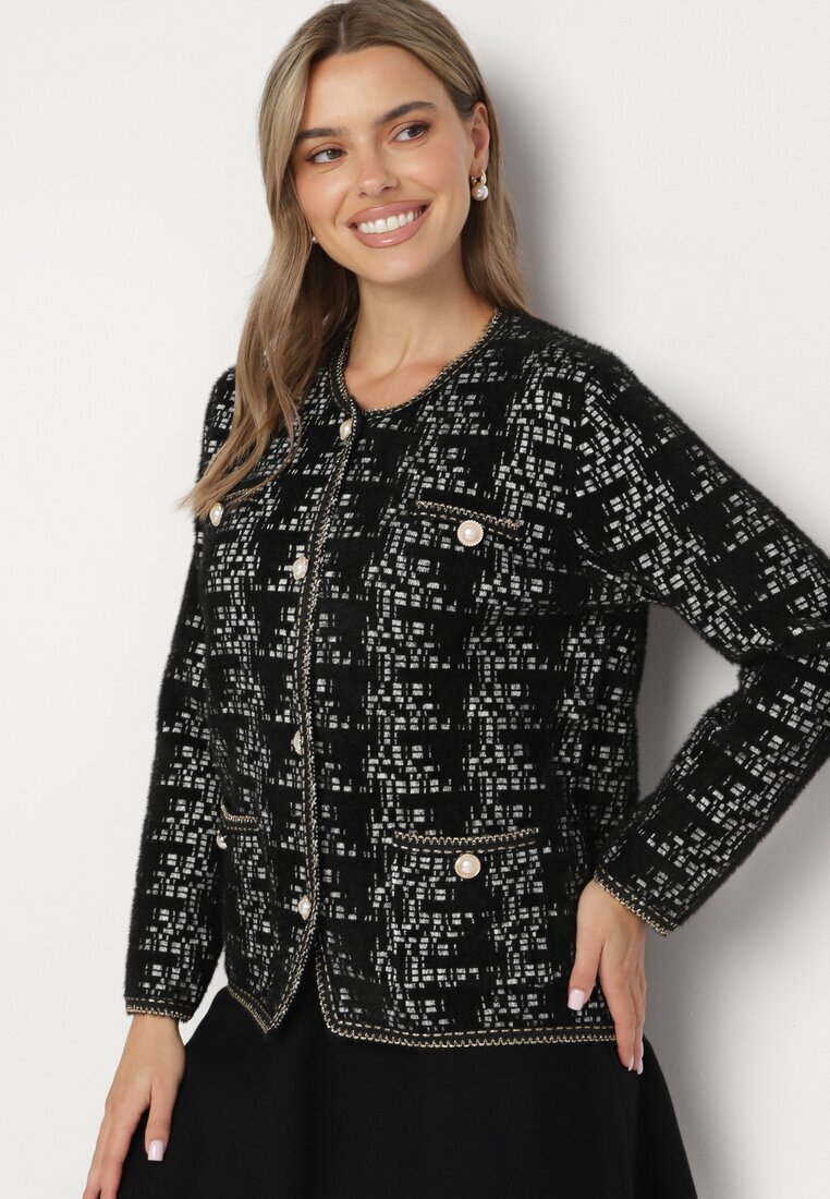 ambitionfly Cardigan negru în stil retro cu nasturi perlați și fir metalic Daiviana