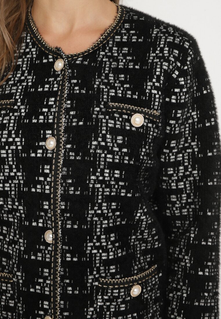 ambitionfly Cardigan negru în stil retro cu nasturi perlați și fir metalic Daiviana
