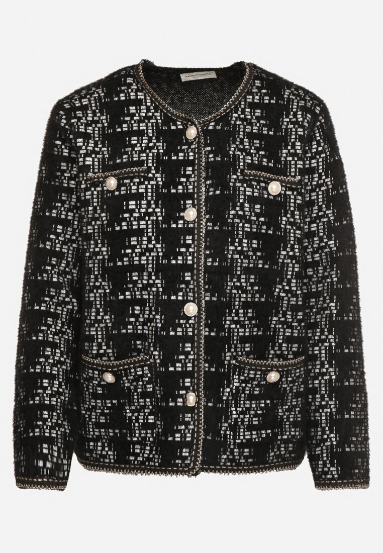 ambitionfly Cardigan negru în stil retro cu nasturi perlați și fir metalic Daiviana