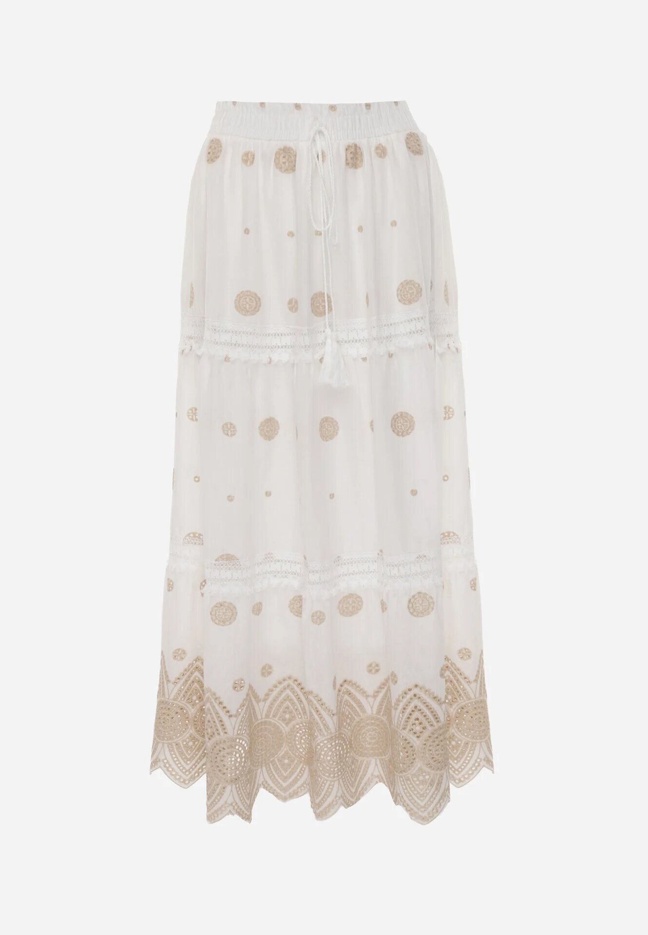 ambitionfly Fustă din bumbac decorată cu broderii și decupaje ajurate în stil casual Kalon Bej