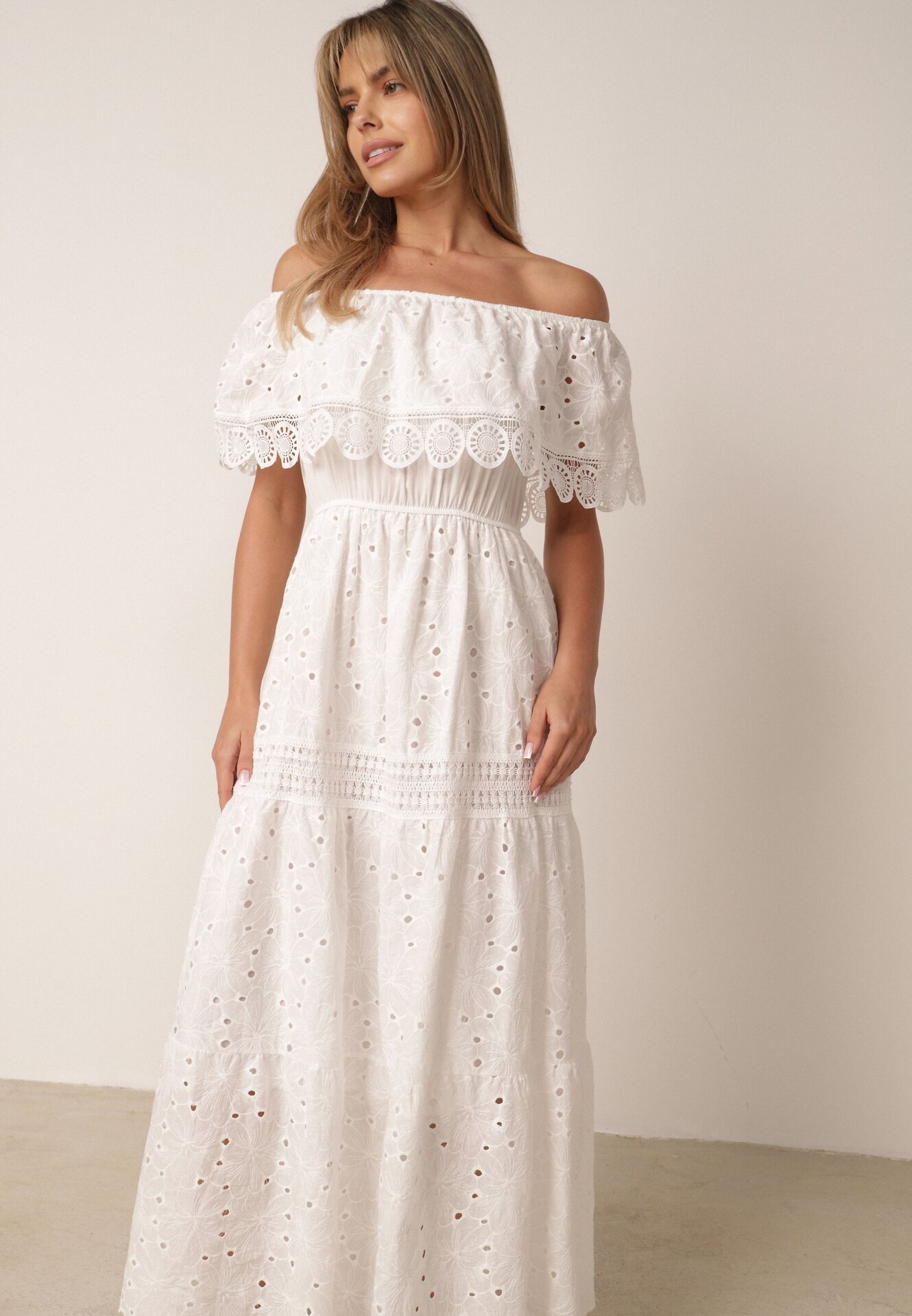 ambitionfly Rochie Albă Ajurată Tip Spaniolă Maxi din Bumbac Decorată cu Dantelă Bimiosa