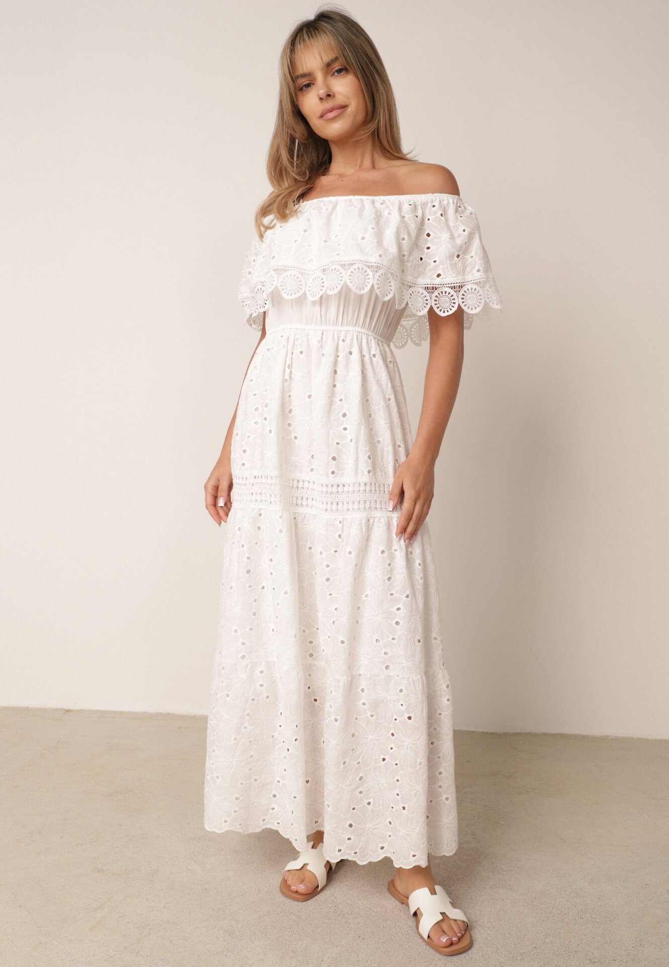 ambitionfly Rochie Albă Ajurată Tip Spaniolă Maxi din Bumbac Decorată cu Dantelă Bimiosa
