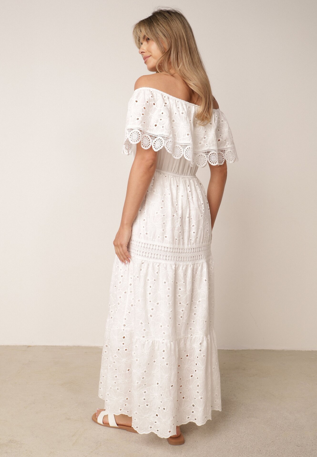 ambitionfly Rochie Albă Ajurată Tip Spaniolă Maxi din Bumbac Decorată cu Dantelă Bimiosa