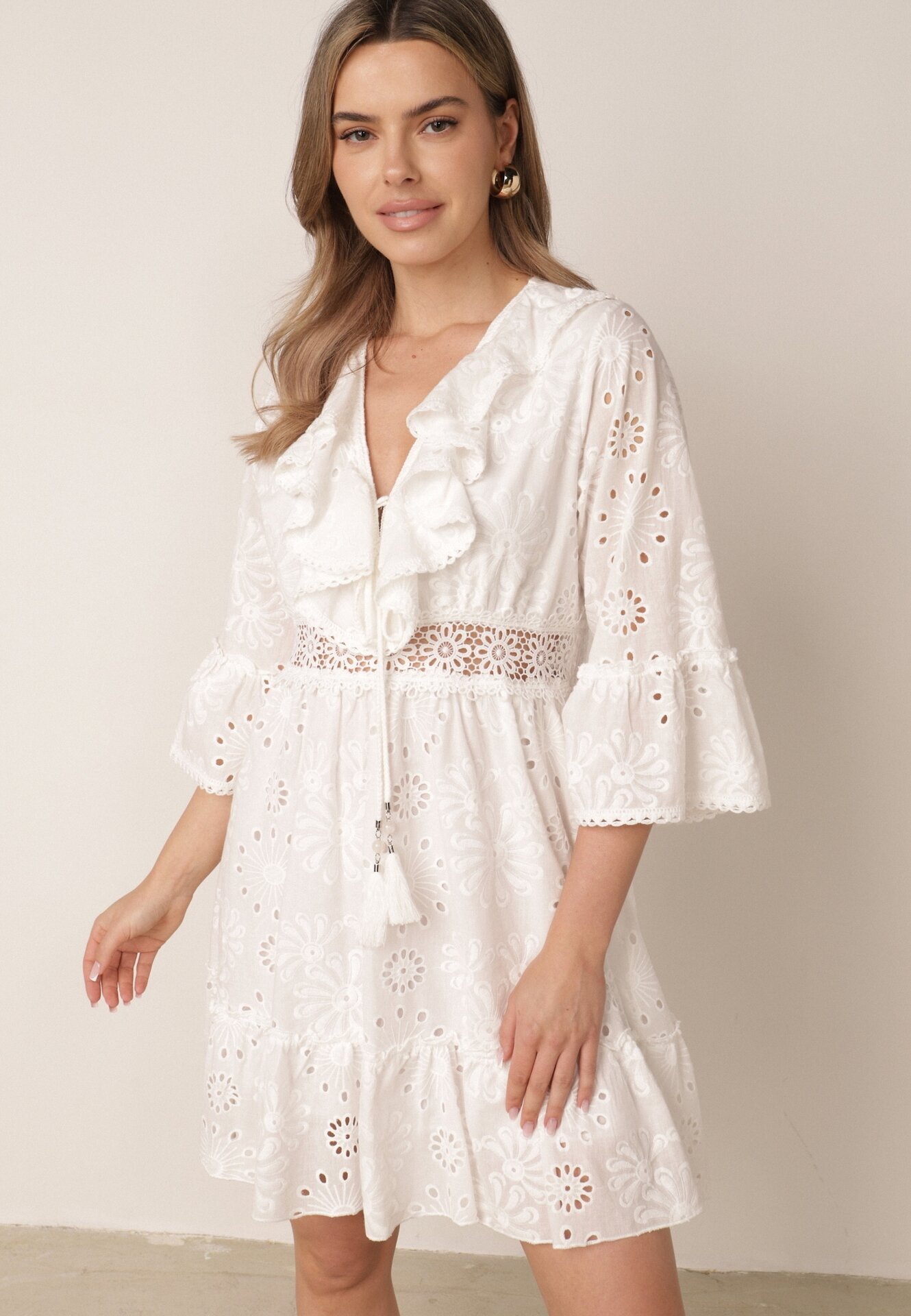 ambitionfly Rochie Albă Mini de bumbac din țesătură brodată cu dantelă Telvia