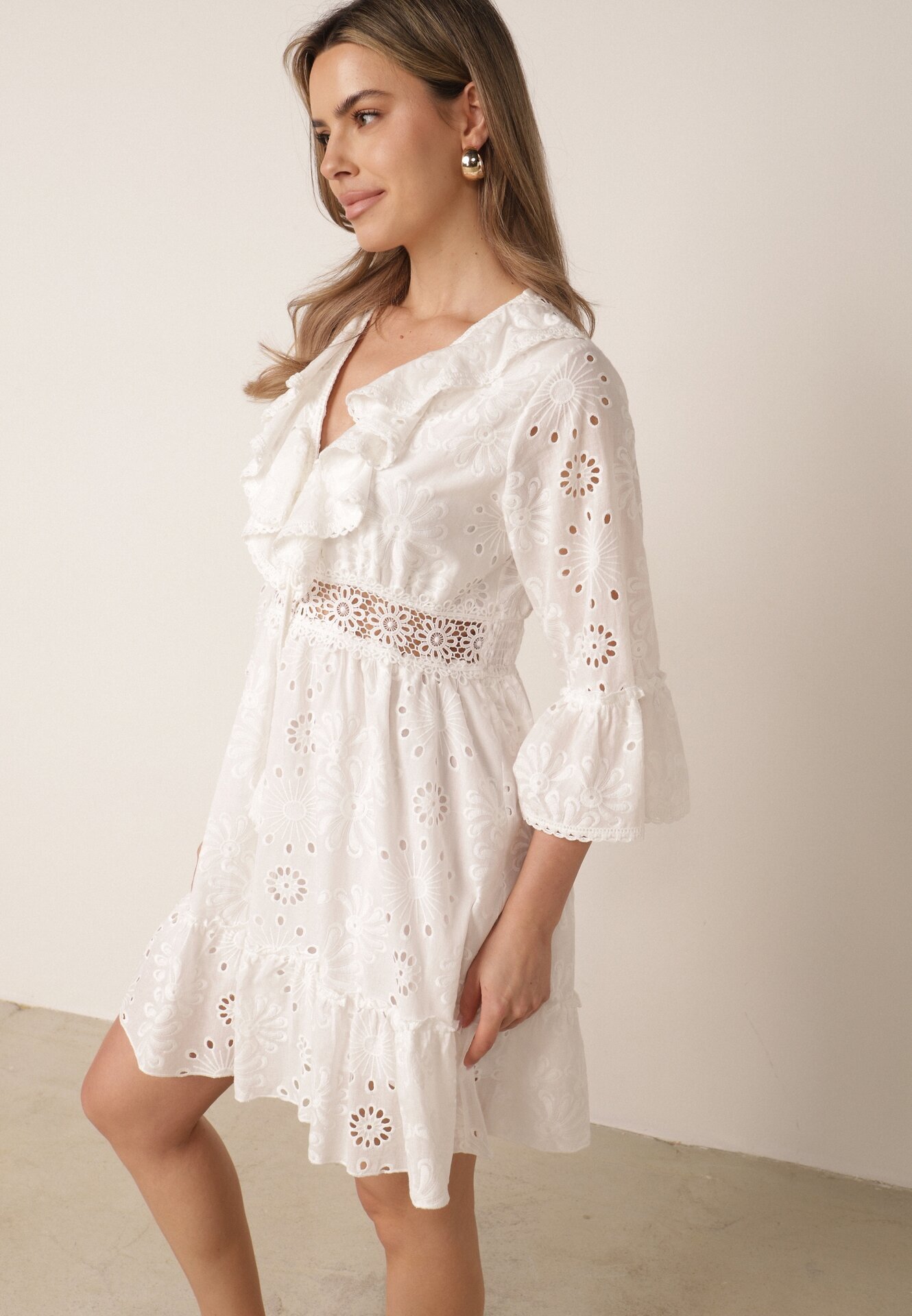ambitionfly Rochie Albă Mini de bumbac din țesătură brodată cu dantelă Telvia