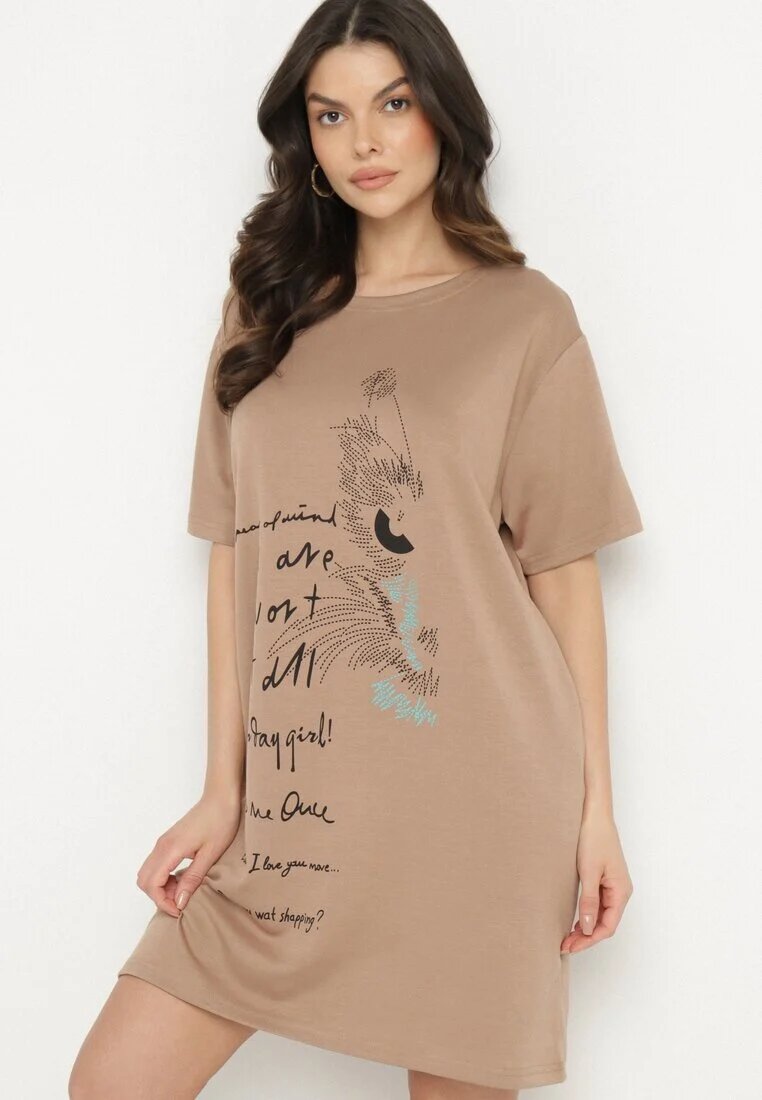ambitionfly Rochie Dreaptă Bej din Viscoză și cu Imprimeu Decorativ Amoara