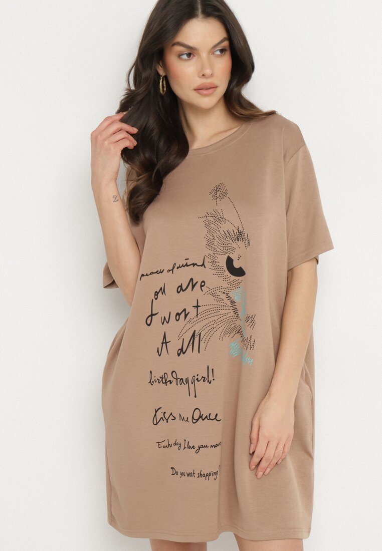 ambitionfly Rochie Dreaptă Bej din Viscoză și cu Imprimeu Decorativ Amoara